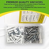 Vista 4 de Anclaje autoperforante de plástico y zinc para paneles de yeso con kit de tornillos, el paquete incluye 25 anclajes de plástico grandes y 25