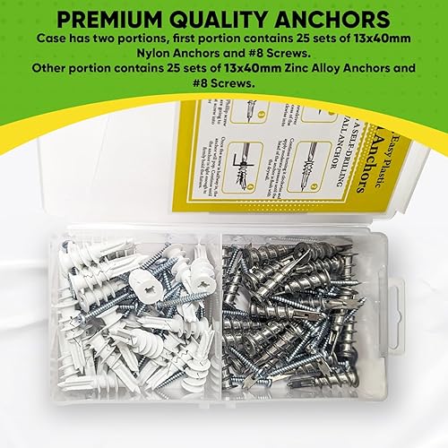 Miniatura 4 de Anclaje autoperforante de plástico y zinc para paneles de yeso con kit de tornillos, el paquete incluye 25 anclajes de plástico grandes y 25