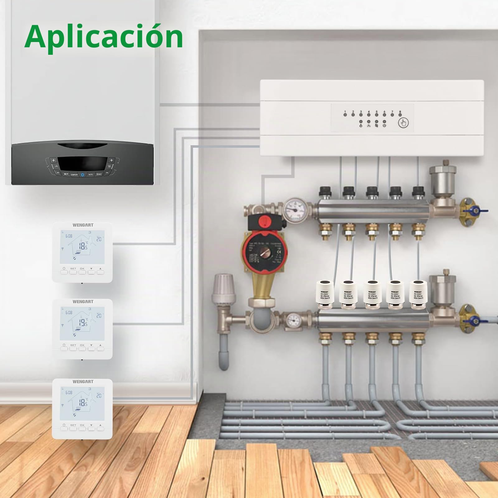 Controlador de Centro de Cableado Wengart WG521, AC230V 10A Tamaño Pequeño para Termostato de 8 Zonas y Actuadores, Caldera de Gas Conectada y Bomba de Agua para Calefacción por Suelo Radiante