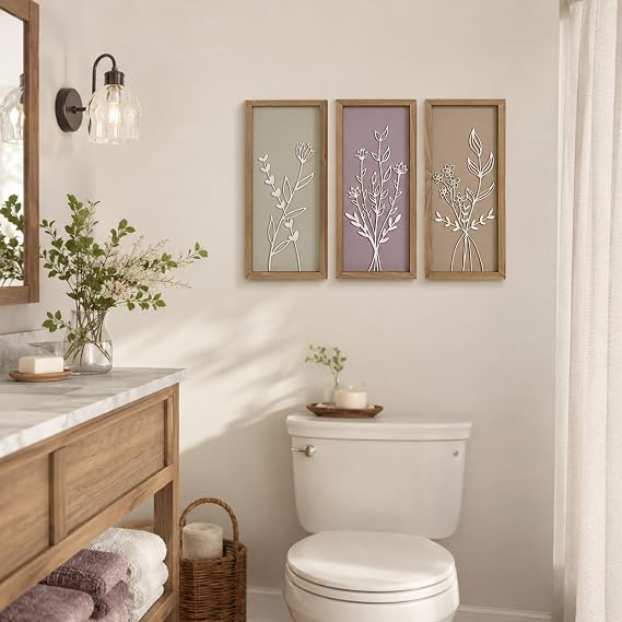 pechpell 3D Wooden Floral Bathroom Wall Decor Set of 3 Home Bedroom Office | 15.77.1 Lightweight Framed Flower Wall Art for Bathroom Living Room Boho Botanical Artwork Rustic Farmhouse Decorations