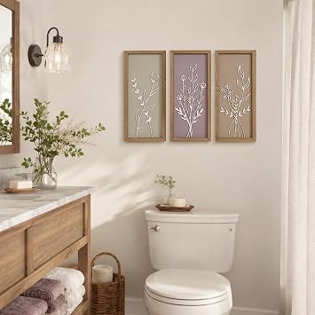 pechpell 3D Wooden Floral Bathroom Wall Decor Set of 3 Home Bedroom Office | 15.77.1 Lightweight Framed Flower Wall Art for Bathroom Living Room Boho Botanical Artwork Rustic Farmhouse Decorations