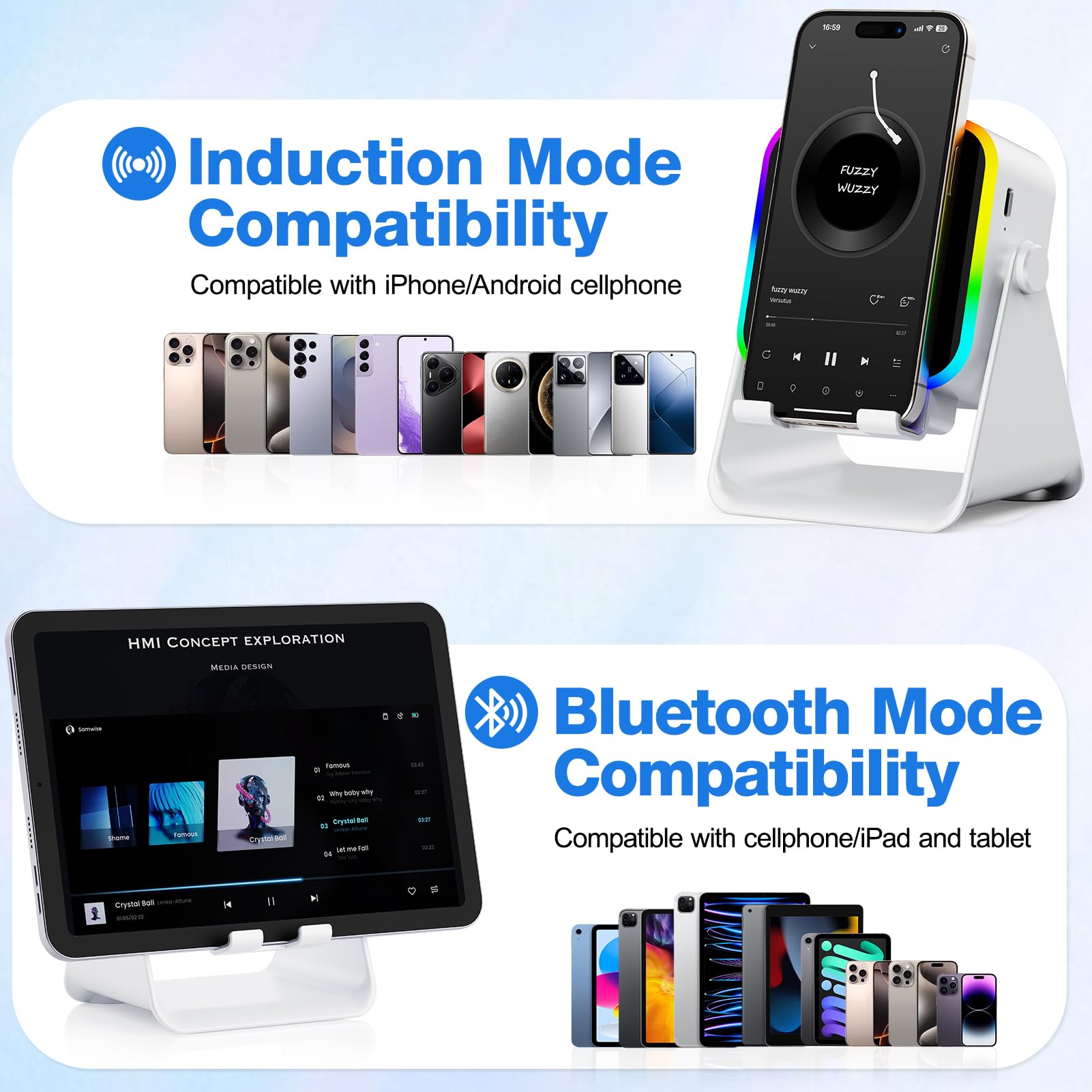 TARKARI Altoparlante wireless a induzione, altoparlante Bluetooth con supporto per telefono e luce RGB, suono surround HD, compatibile con iPhone, Android, iPad, Samsung, regalo di compleanno per