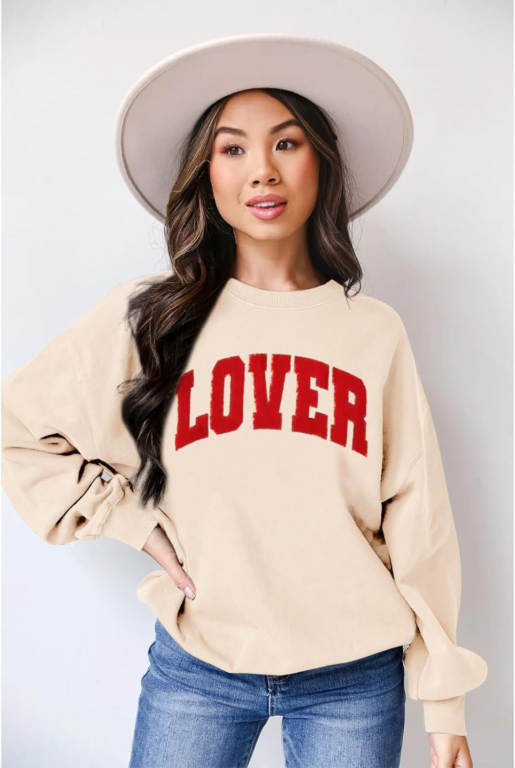 IZYJOY Women Valentine Sweatshirt Glitter LOVER Letter Chenille Patch Shirt Crewneck Long Sleeve Pullover Oversized Clothes - Image 4
