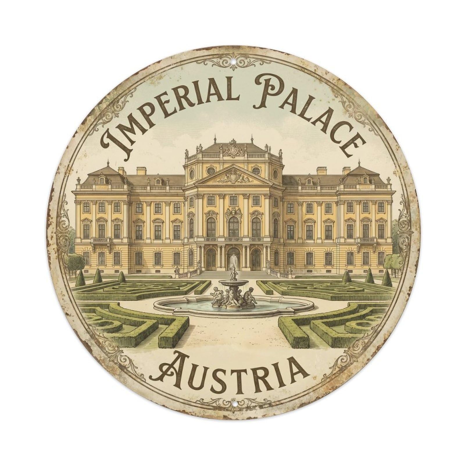 Vintage Travel Imperial Palace Austria Metal Tin Sign Plaque Wall Decor for Cafe, Club, Garden Round Metal Poster 8x8Inch