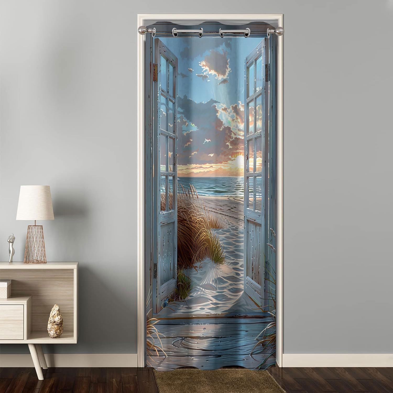 Beach Door Curtains for Doorways, Tropical Island Seaside Rustic Wooden Door Grommet Thermal Insulated Curtain Window Treatment, Room Divider Curtain Closet Curtain, 1 Panel, 34 x 80 Inch