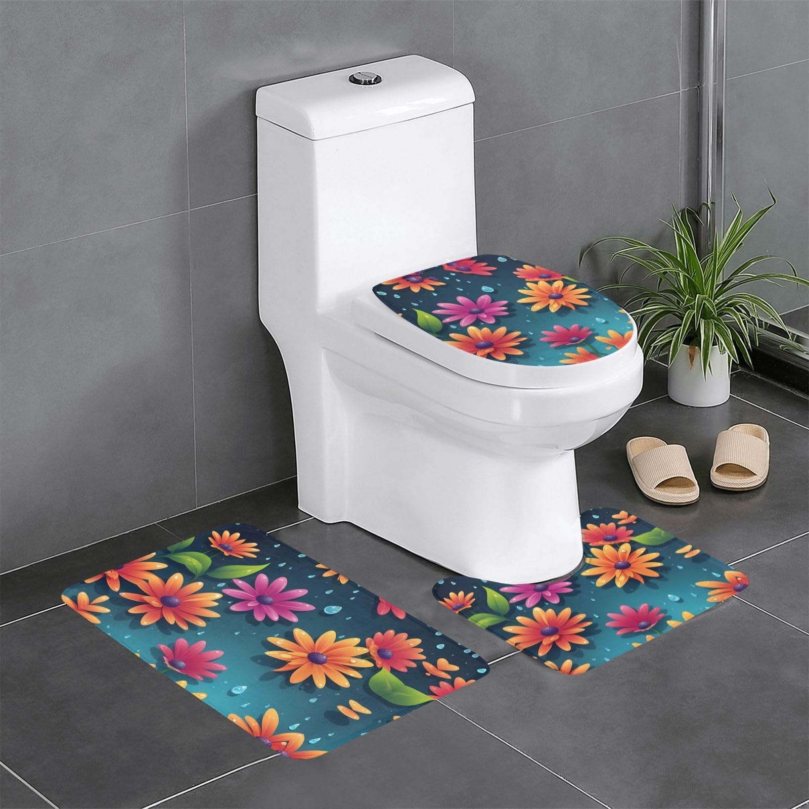 Tapis de salle de bain antidérapants pour toilettes et lavabo avec motif fleurs