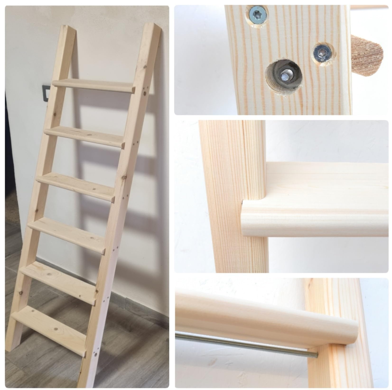 Scala a pioli in legno per soppalco letto a castello soffitta (Altezza cm 200, Larghezza cm 40)