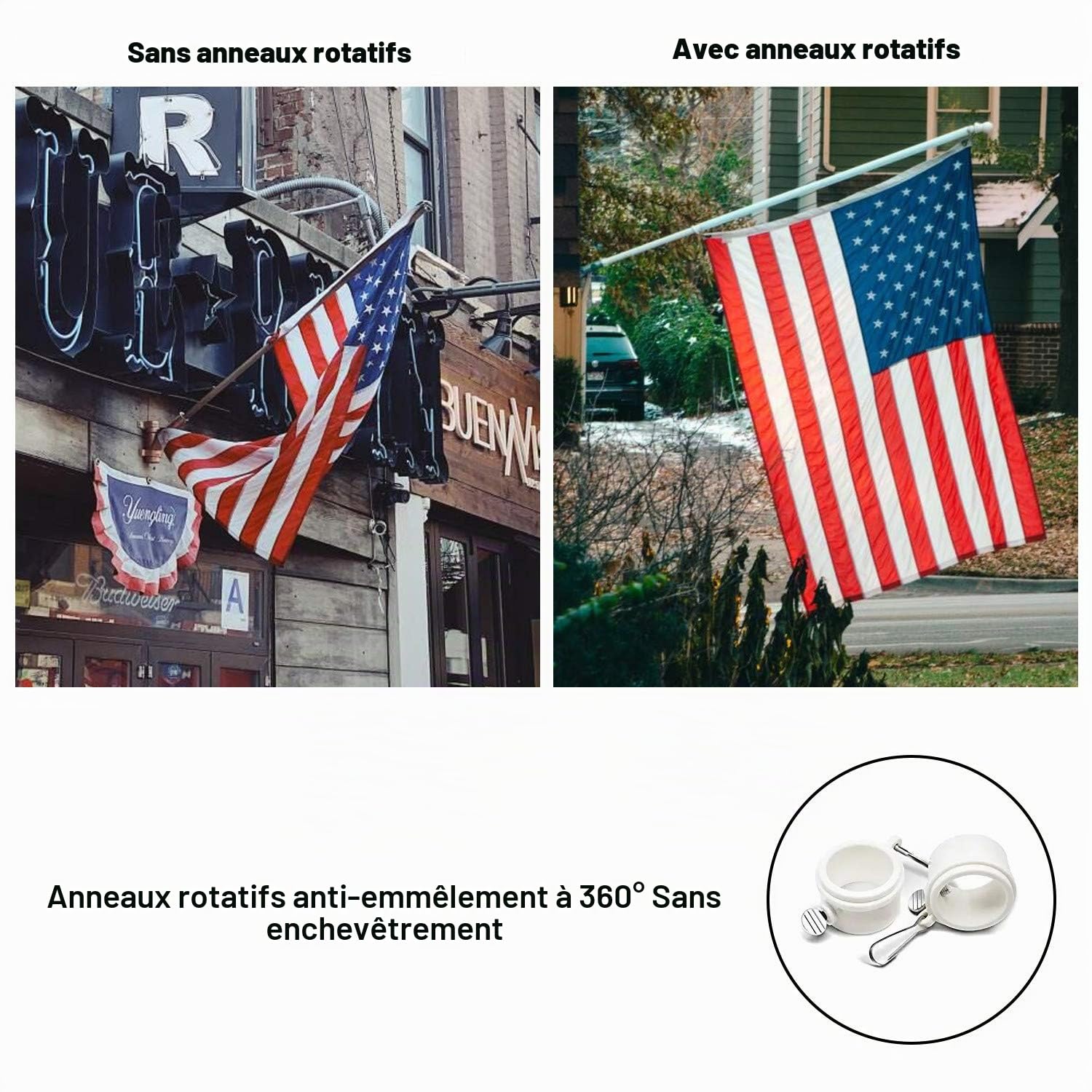 Kit de Mât de Drapeau en Aluminium Argent 180cm, avec Support Mât de Drapeau en Acier Inoxydable à Fixe au Mur avec Anneaux Rotatifs/Base Blanche