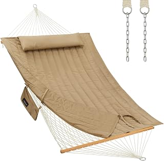 CHULIM Tan 2-Person Outdoor Rope Hammock with Hardwood Spreader Bars, Quilted Pad & Pillow, 475 lbs Capacity for Backyard Patio