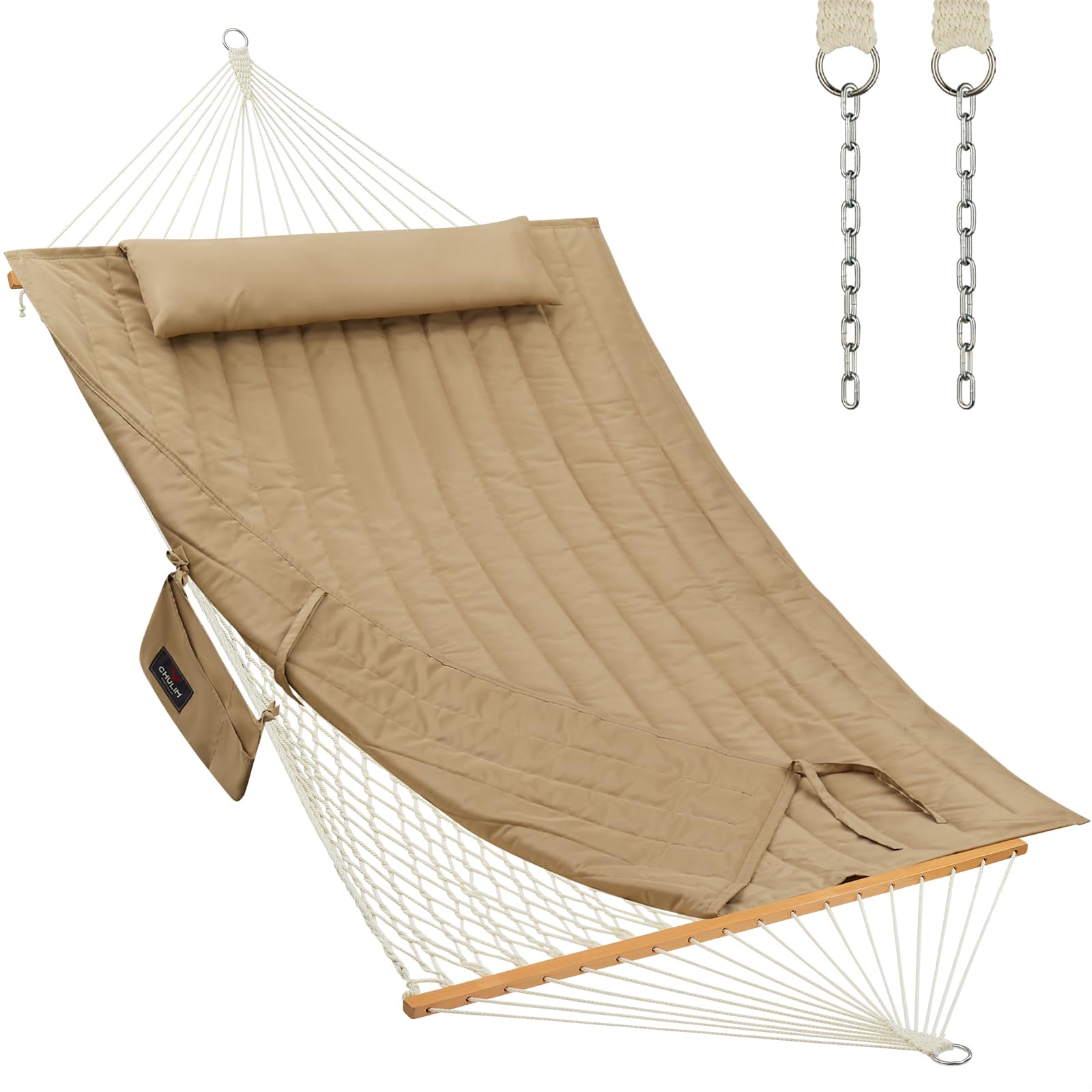 Hamaca doble para exteriores con barras separadoras de madera dura, hamaca de cuerda grande con almohadilla de poliéster y almohada, capacidad de 475 libras para 2 personas, patio, patio