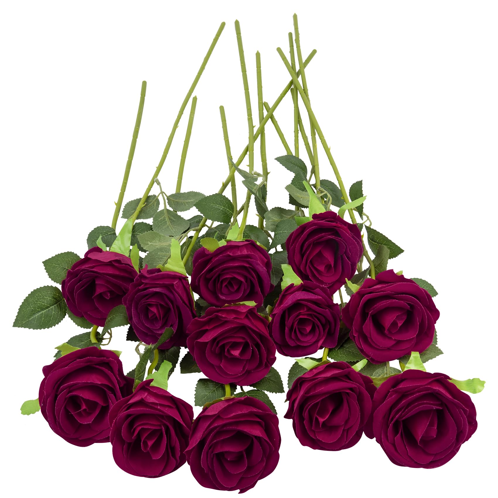 Woltoy 12 Pcs Dark Red Artificial Velvet Roses, Real Touch Fake Rose with Single Long Stem
