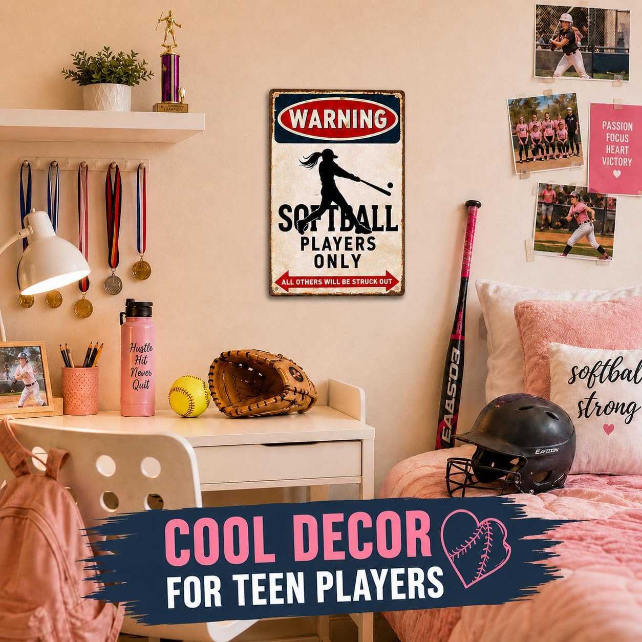 CrazySign Funny Softball Gifts for Girls, Players & Coaches - Warning Softball Players Only Vintage Metal Sign - Cool Sports Wall Art Decor for Bedroom, Locker Room, Team Gift, 8x12 Inch (26011)