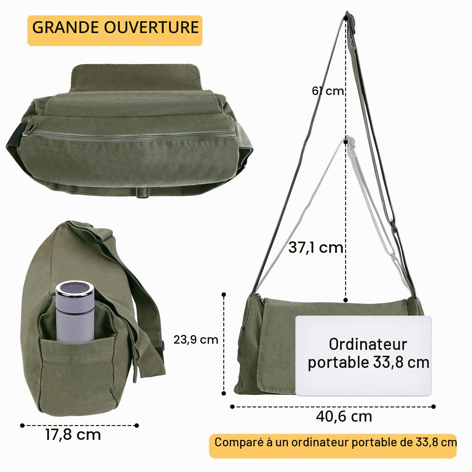 YILCER Sac à bandoulière en toile pour femmes et hommes, grands sacs à bandoulière en toile sac fourre-tout pour l'école, les voyages, le quotidien décontracté, 38CM*24CM*16CM, vert militaire, 38CM