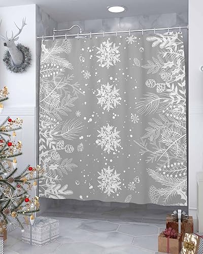 Miniatura 4 de Cortina de ducha de Navidad, diseño geométrico de copos de nieve, impermeable, lavable, bohemio, divertido, juego de cortinas de ducha para baño,