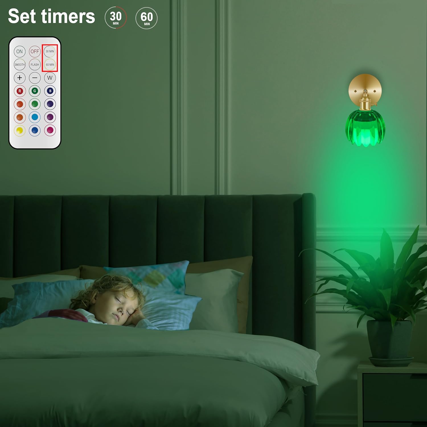 Wall Sconces, Tulip-Shaped Glass Shade, Modern Wall Lamp with RGB Color-Changing Bulb, for Home Bedroom Doorway Decoration (Green Glass + Brass Finish, 1-Pack Rechargeable Bulb with Remote)