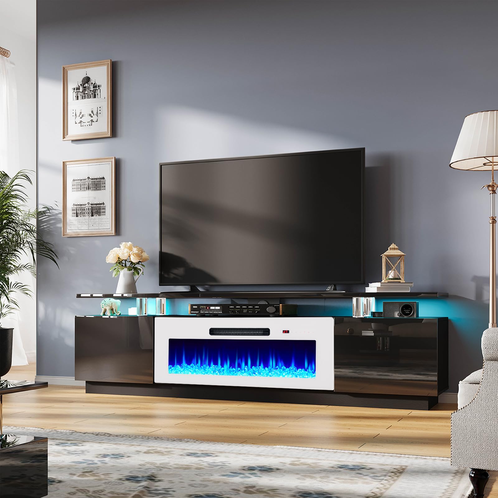 AMERLIFE 80" High-Gloss Fireplace TV Stand with 40" Electric Fireplace