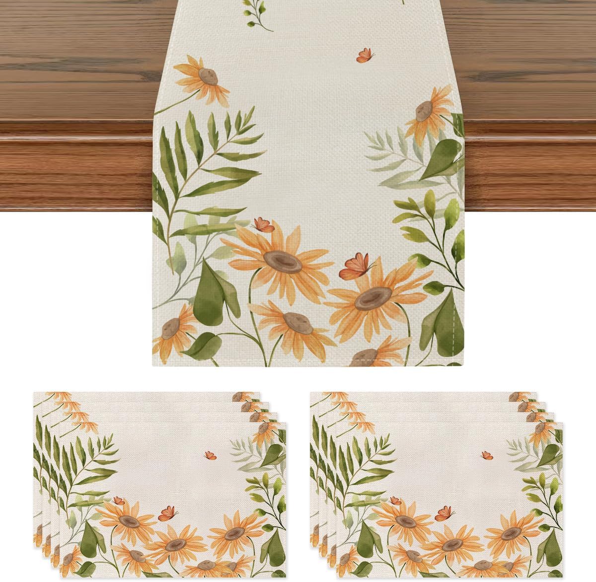 Summer Coastal Table Runner and Placemats Set of 6, Linen Blue Teal Sea Animals Theme, Coral Starfish Holiday Party Home Decor for Table Dining Room Kitchen (Sea Animals, Set of 6)