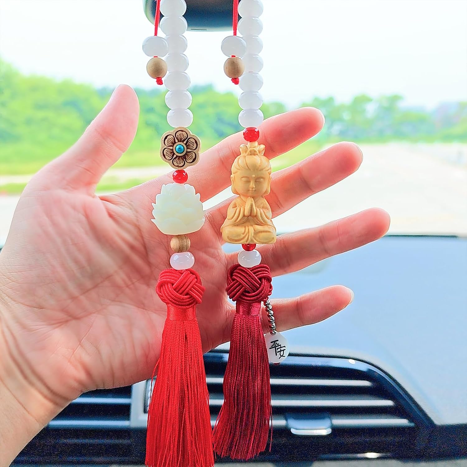 Buddha Rear View Mirror Accessories Hanging Charms, The Bodhisattva of Compassion with Tassels Car Hanging Ornament, Cute Car Accessories for Women/Men, Fo Bao Ping an (Avalokitesvara - Red)