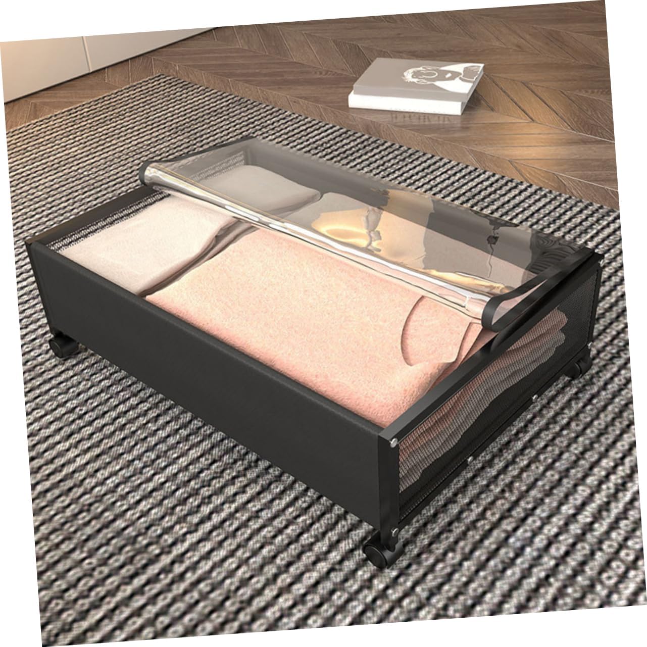 PRETYZOOM Bed Organizer Storage Case Wheels Black Lid Space Saving for Clothes Toys and Blankets Multi-functional Storage Solution for Home