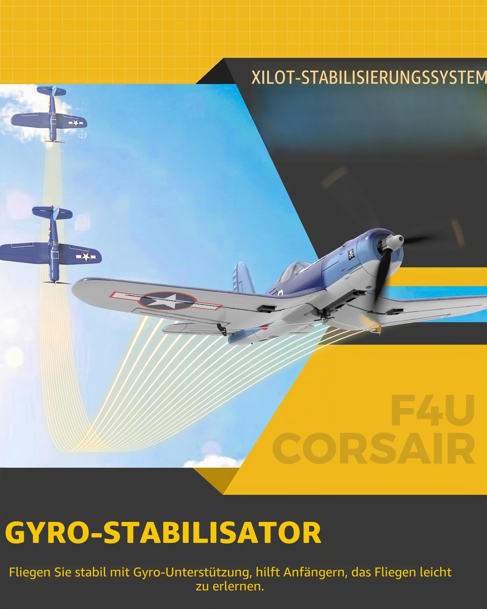 volantexrc RC Flugzeug für Anfänger, 4CH F4U RTF mit 2 Akkus und Xpilot Stabilisierung, Single Key Stunts, 2.4Ghz WWII RC Flugzeug für Erwachsene (76108)