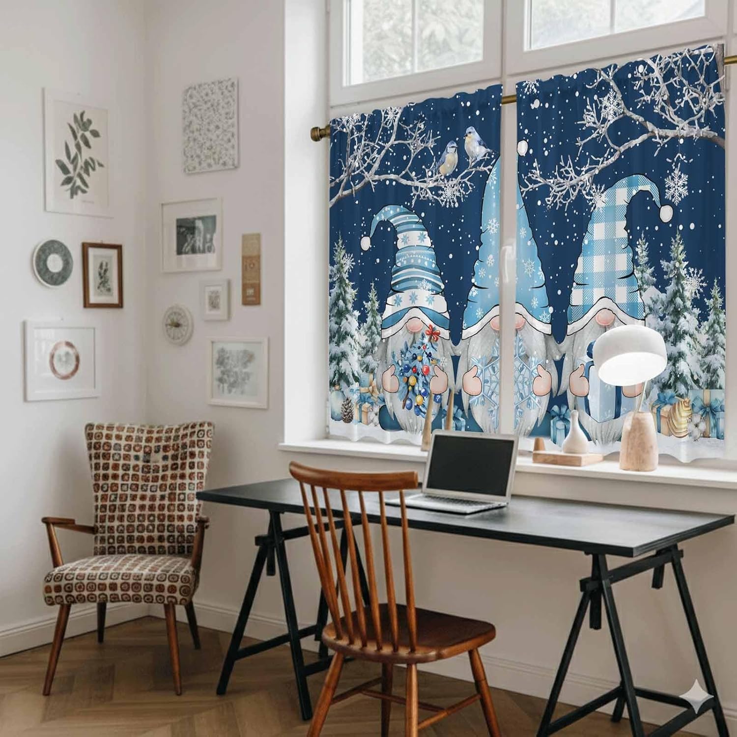 Navy Blue Gnomes Christmas Kitchen Curtains 45 Inch Long 2 Panel Set,Rod Pocket Window Treatment,Snowflake Xmas Tree Winter Branches Light Filtering Panels Short Drapes for Bathroom Camper 42"W x 45"L