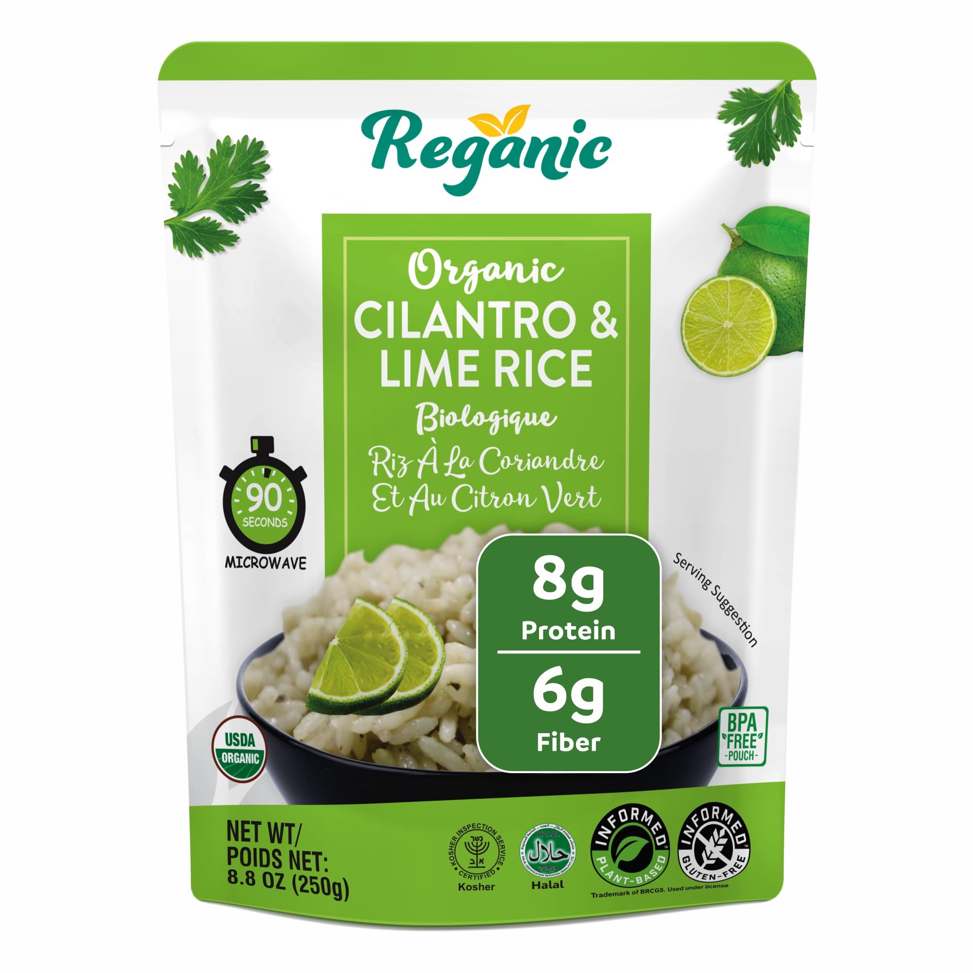 Cilantro & Lime Rice Pouch, USDA Organic, Zesty Global Flavor, 8g Protein & 6g Fiber, Made with 7 Organic Ingredients, Always Fluffy, Ready in 1.5 Minutes, Vegan Gluten-Free Non-GMO, 8.8 oz Pack of 6