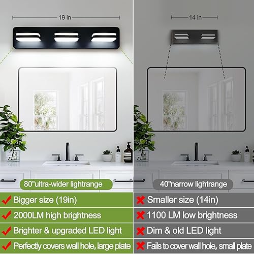 Miniatura 2 de Lámparas LED regulables para tocador de baño (3 luces, 19 pulgadas), rotación de 360, acrílico, negro mate, para baño, modernos accesorios de