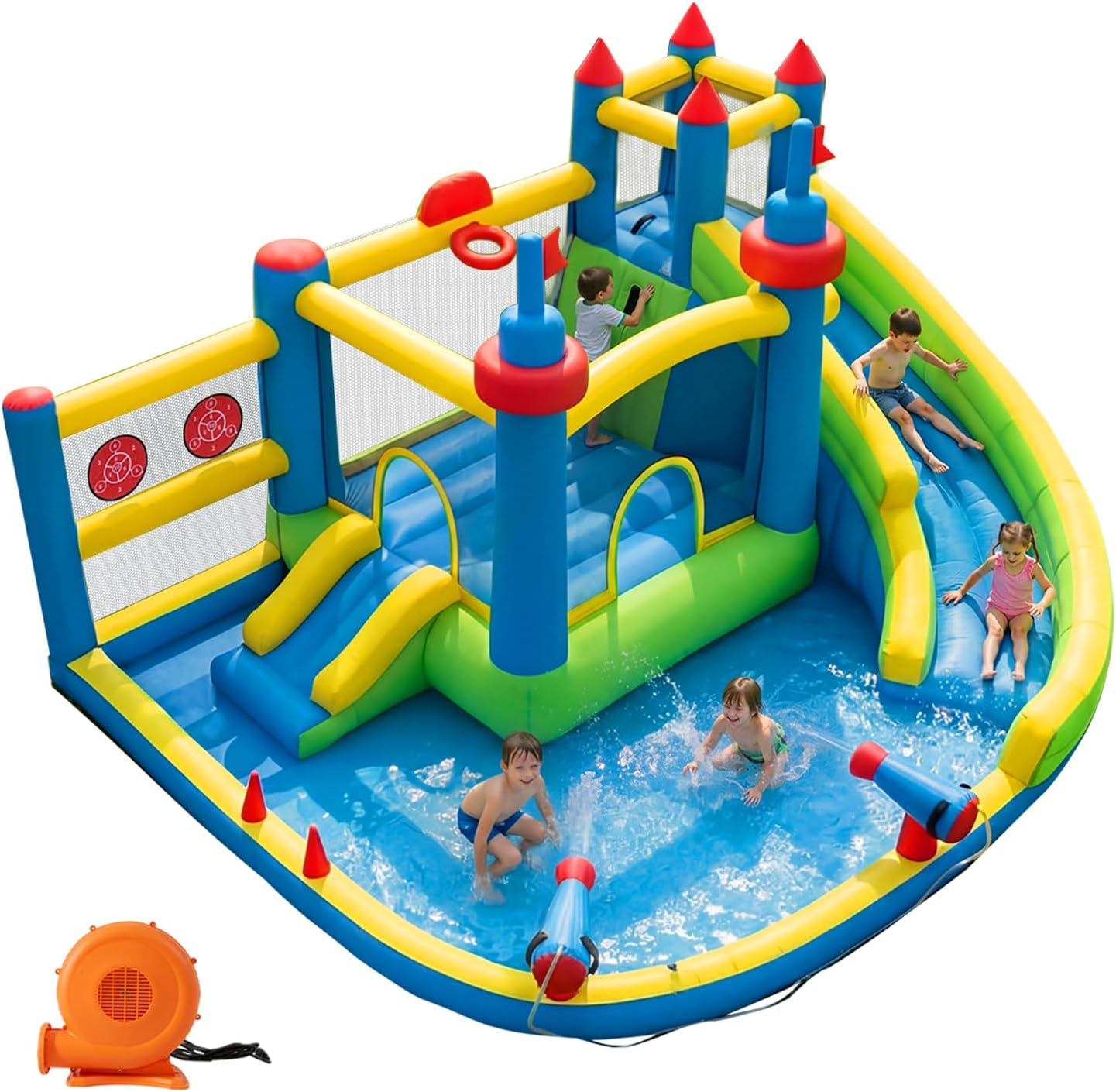 Inflatable Water Slide for Kids Backyard with 450W Blower, Jumping Castle with Water Slide, Water Park Bounce House for Indoor and Outdoor Activities
