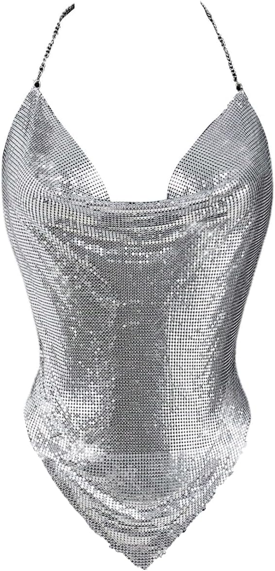 Floerns Women's Rhinestone Halter Tops Cowl Neck Sparkly Hanky Hem Date Night Cami Top