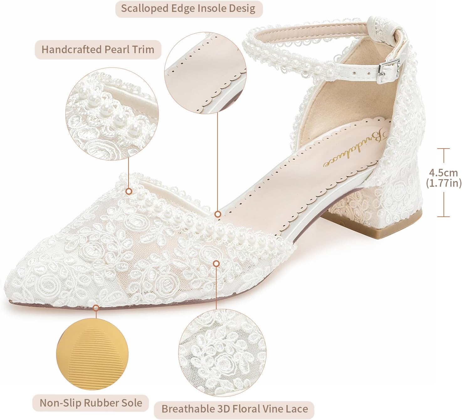 Bridaluxe 1601 Women’s Closed Toe Wedding Shoes 1.77 Inch Low Block Heel Lace Pearl Ankle Strap Bridal Pumps - Image 4