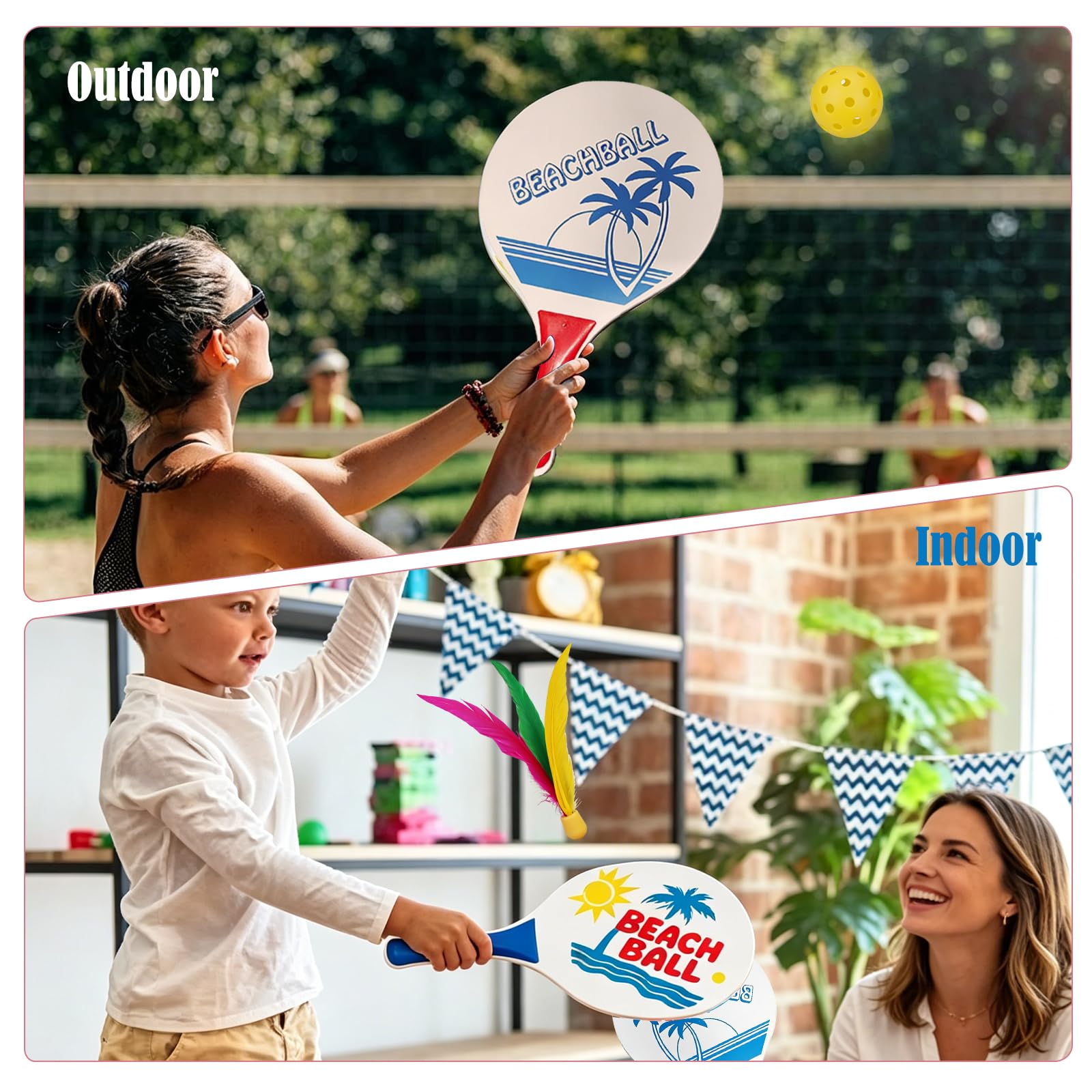 Set de Beachball, 2 Raquettes, 2 Peak Ball, 2 Volants, Raquettes de Plage en Bois Raquettes,Parfait pour Une Fête de Jeux de Plage et de Jardin en Famille