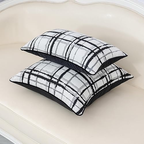 Miniatura 4 de Alerfa Funda de cojín cuadrada de chenilla jacquard, a rayas, geométrica, color blanco y negro, de 20 x 20 pulgadas, funda de almohada decorativa