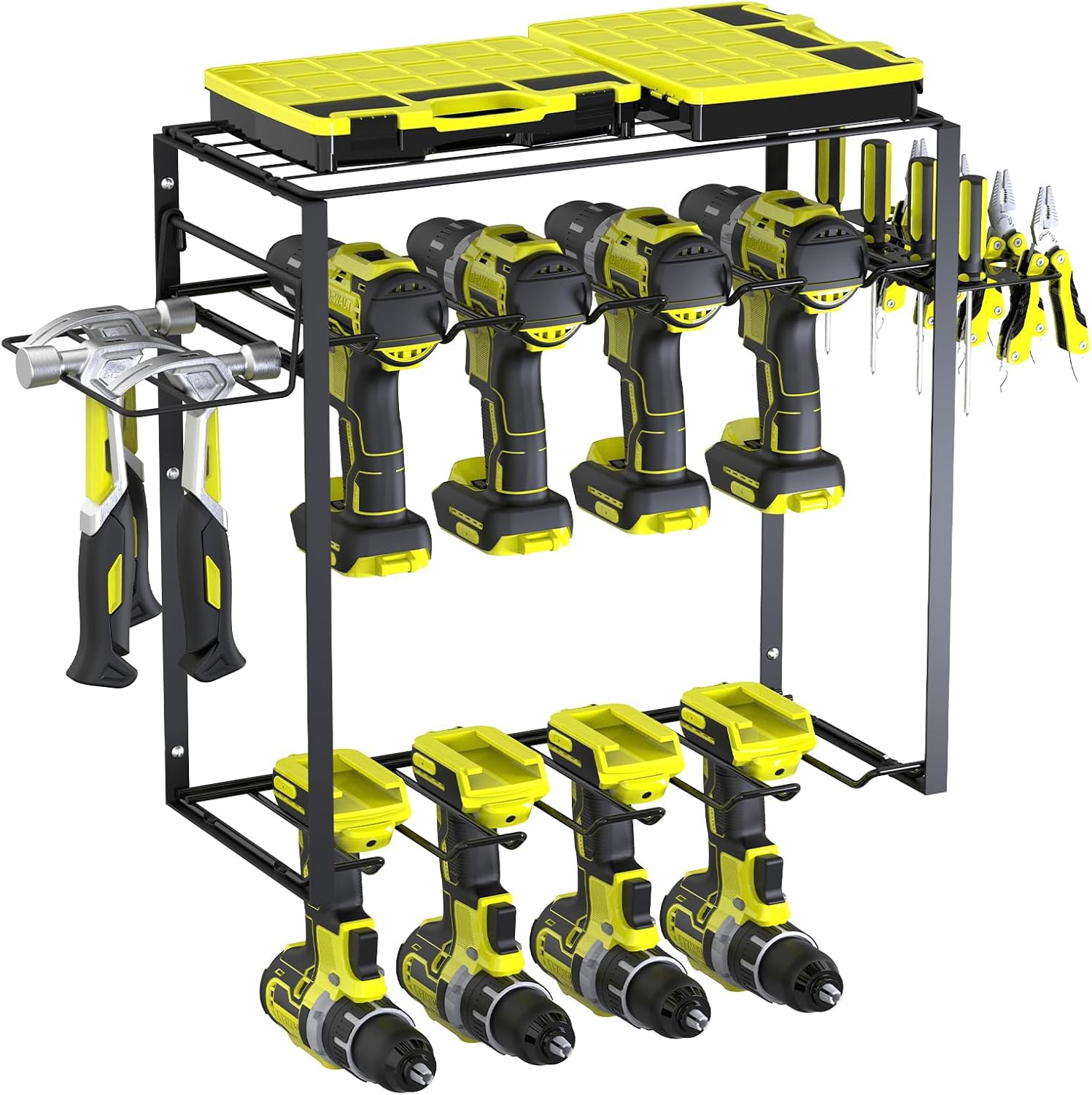 3 Tier Power Tool Organizer, 8 Drill Holder Wall Mount, Drill Rack for Garage Organization with 8 Slots,Power Tool Storage Rack, Heavy Duty Metal Tool Shelf(Integrated Shelf)