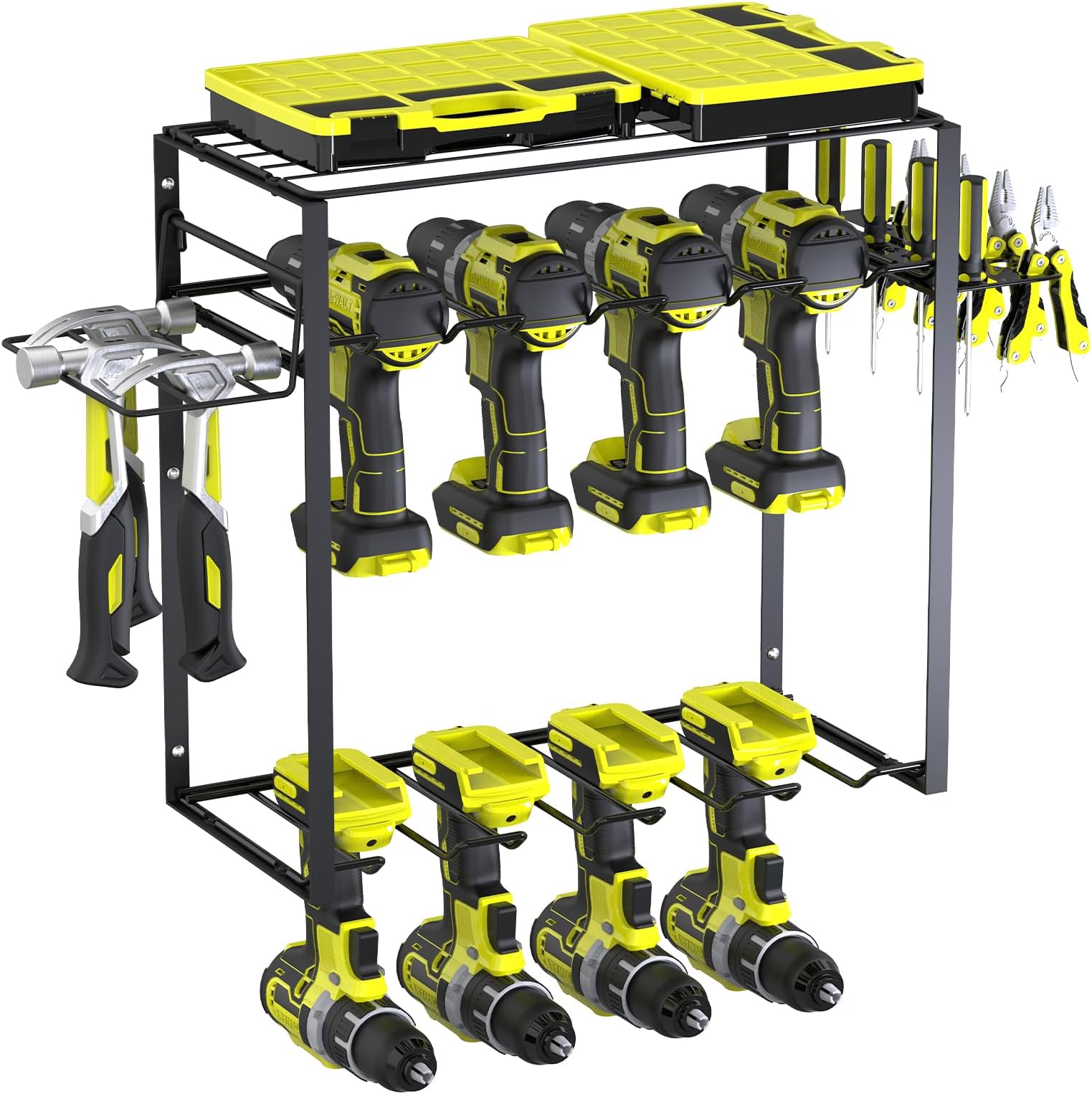 Fogein 3 Tier Power Tool Organizer, 8 Drill Holder Wall Mount, Drill Rack for Garage Organization with 8 Slots,Power Tool Storage Rack, Heavy Duty Metal Tool Shelf(Integrated Shelf)