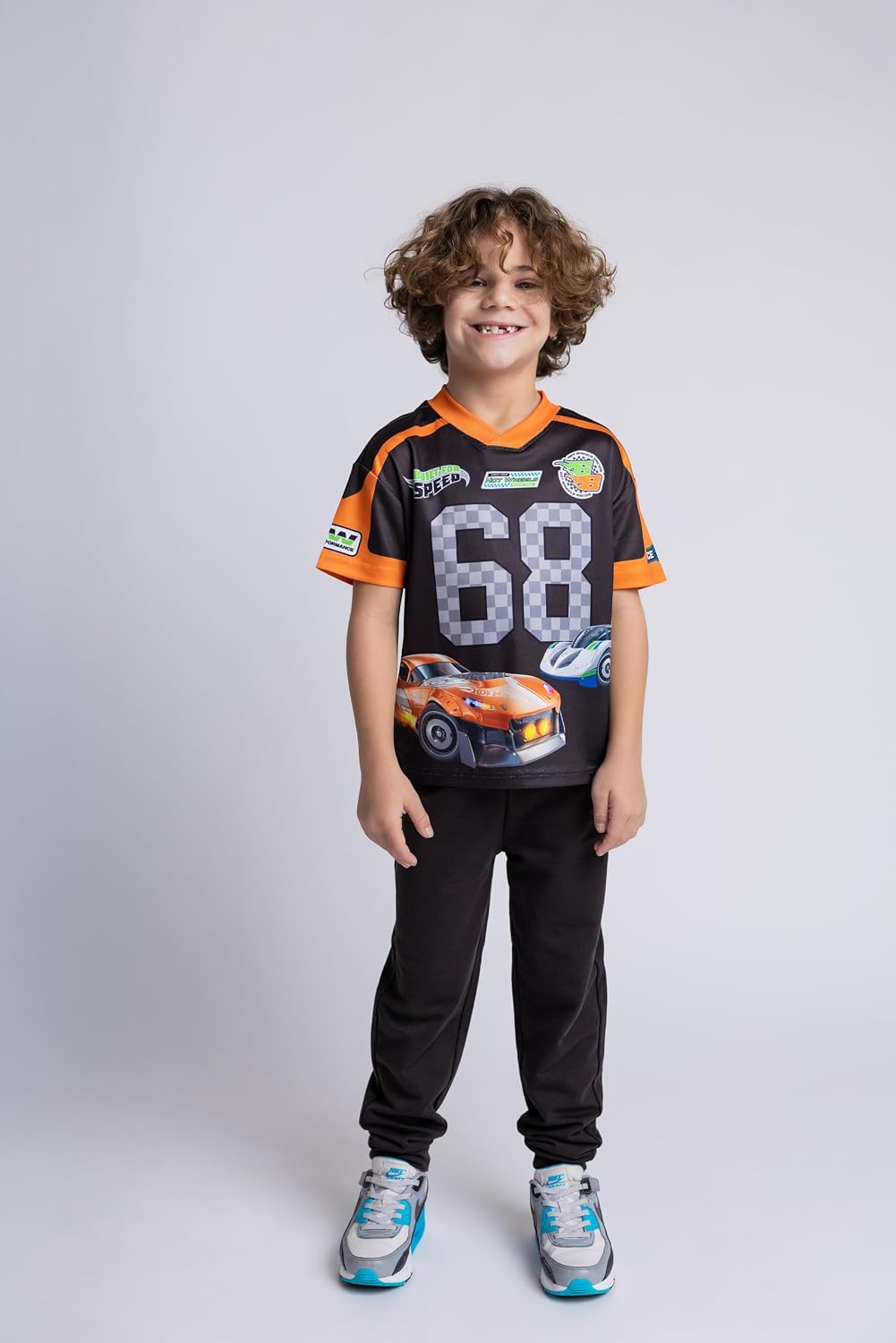 Hot Wheels Mesh V-neck T-Shirt and French Terry Jogger Pants Outfit Set Toddler to Little Kid Sizes (2T - 7-8)