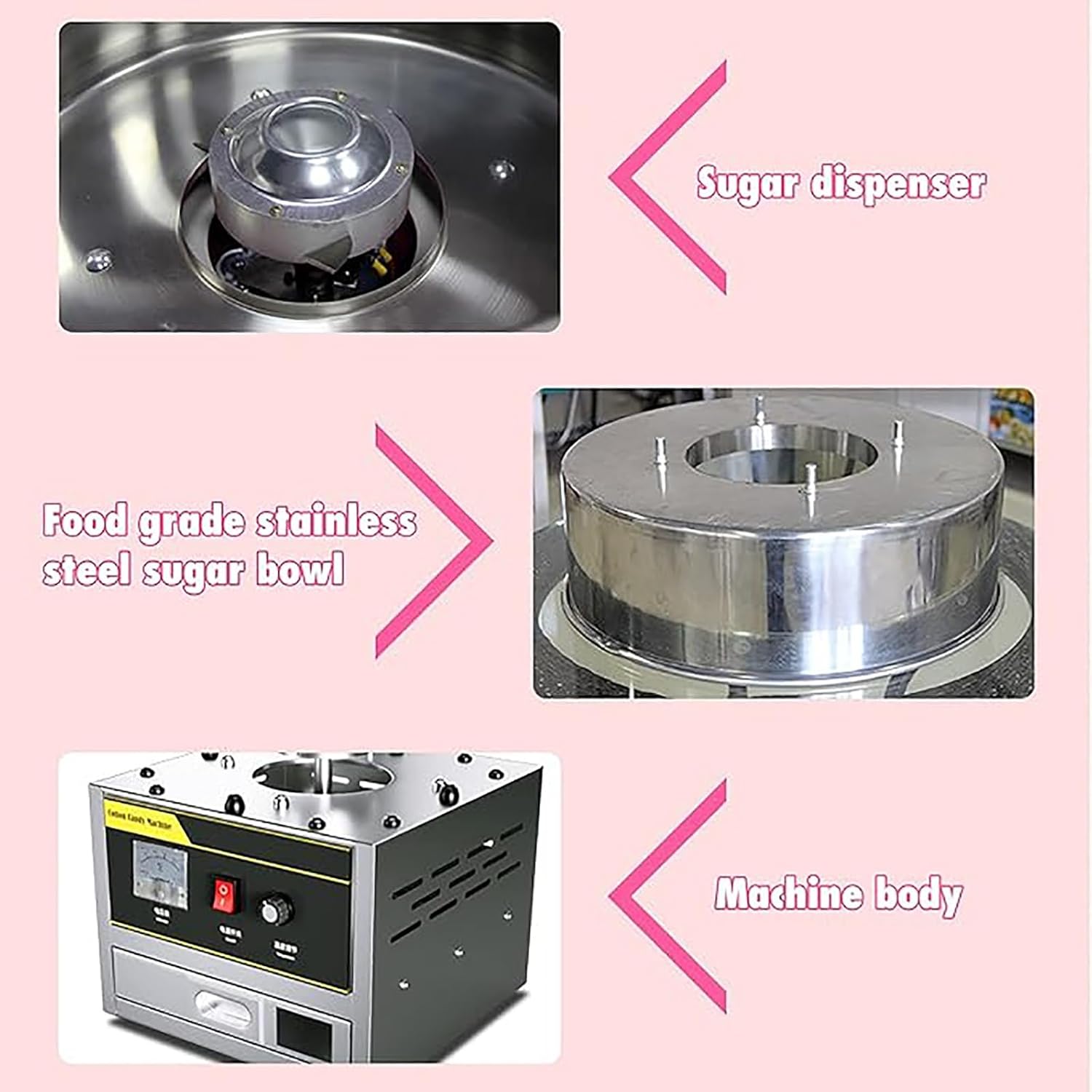 Commercial Electric Cotton Candy Machine 1200W - Stainless Steel Bowl, Sugar Scoop & Drawer - Ideal for Family Parties, Events, and Carnivals - Easy to Use, Fast Production