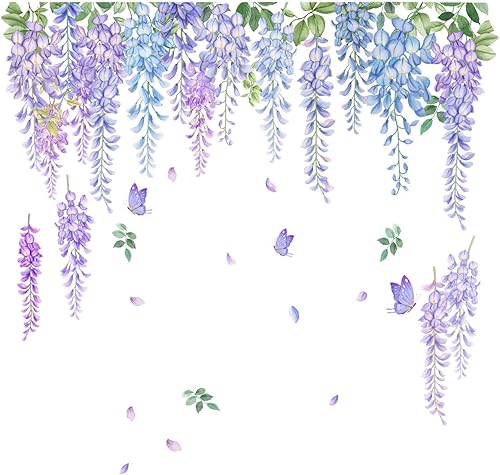 Miniatura 5 de fanquare Calcomanías de pared colgantes de vid, plantas moradas, hojas, flores, mariposas, decoración de pared para niñas, mujeres, dormitorio, sala