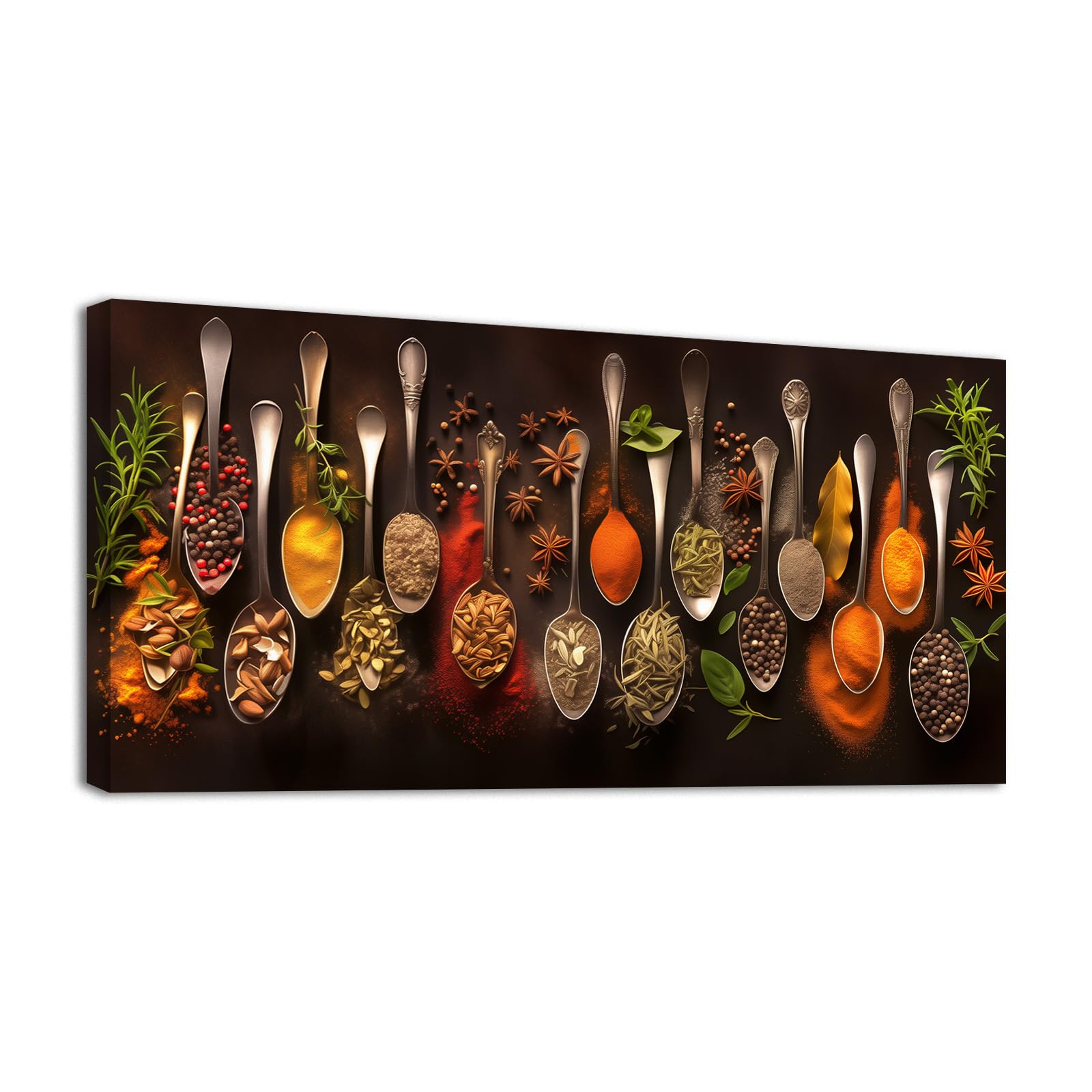 Wewejia Spice Wall Art 32x16 inch, Colorful Kitchen Canvas Wall Art Poster Print Spice Herb Spoon Food Picture Artwork Suitable for Home Room Kitchen