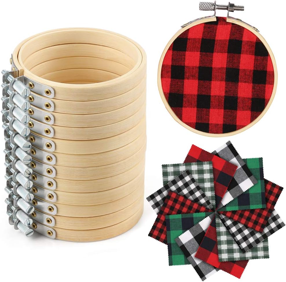 Caydo 12 Pack Christmas Ornament DIY Craft Kit Includes 3 Inch Bamboo Embroidery Hoops, Christmas Plaid Fabric, Mini Pine Cones, Artificial Pine Needle and Small Berries for Christmas DIY Decor