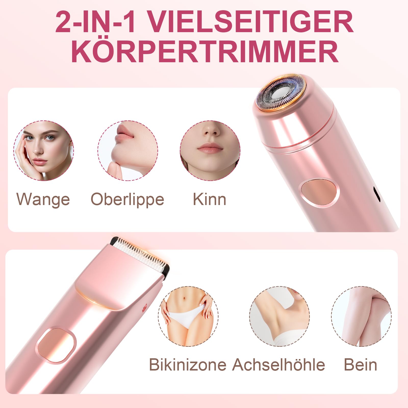 AOMEES Rasierer Damen, 2-in-1 Intimrasierer für Frauen, IPX7 Wasserdicht, Kabellos & Wiederaufladbar, Sanfter Trimmer für Gesicht, Körper & Bikinizone, Geschenk für Frauen (Rosa, Standard)