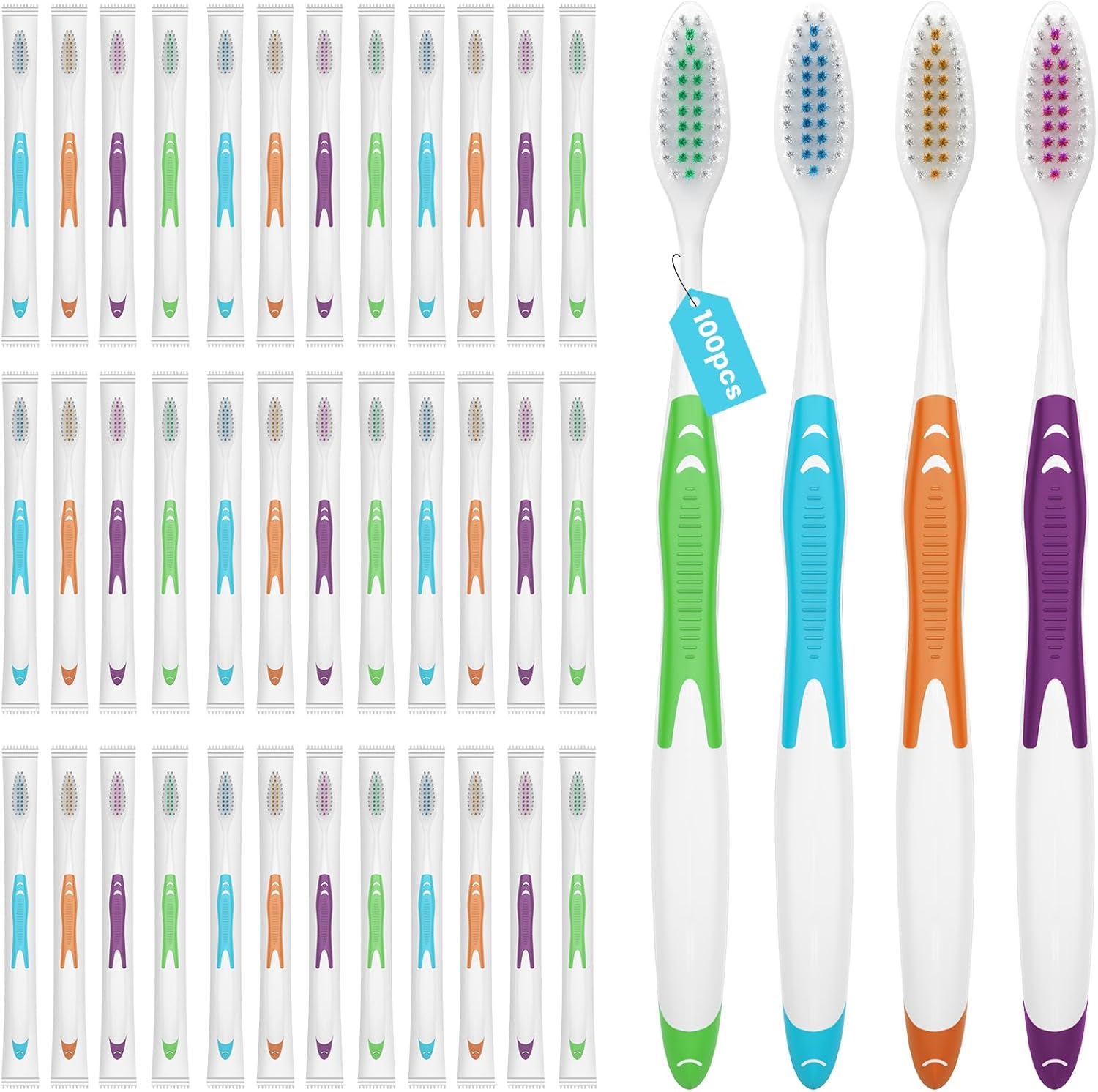 Frekare 100 Pack Individually Wrapped Bulk Toothbrushes for Adults & Kids, Disposable Tooth Brush, Medium Soft Bristles for Travel, Donations, Hotels