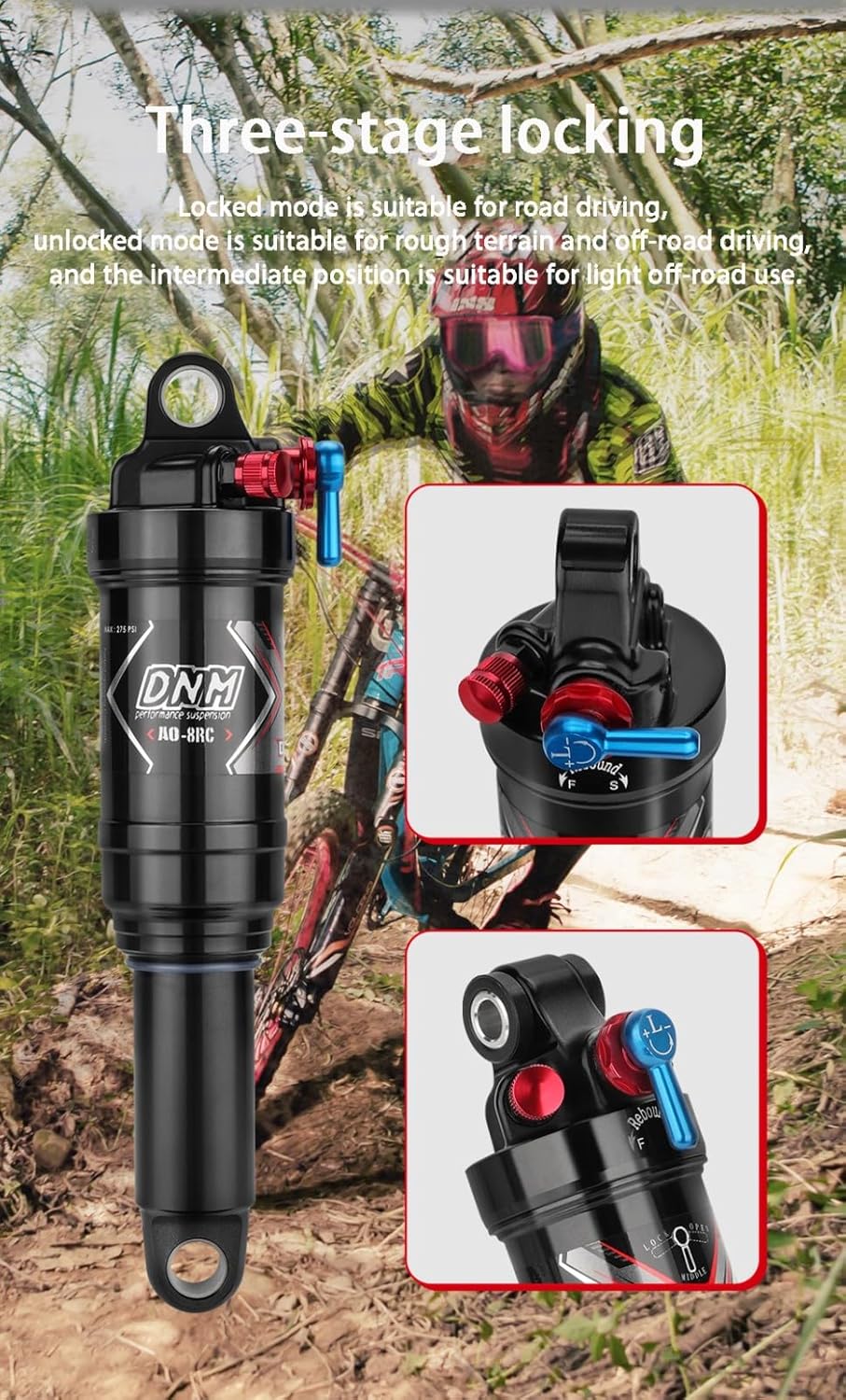 Mountain Bike Rear Shock Soft Tail Mountain Bike Air Shock Absorber AO-8RC with 7075 + 6061 Aluminium Construction for MTB/Mt/ebike/Dmn/Electric Scooter AO-8RC 230mm