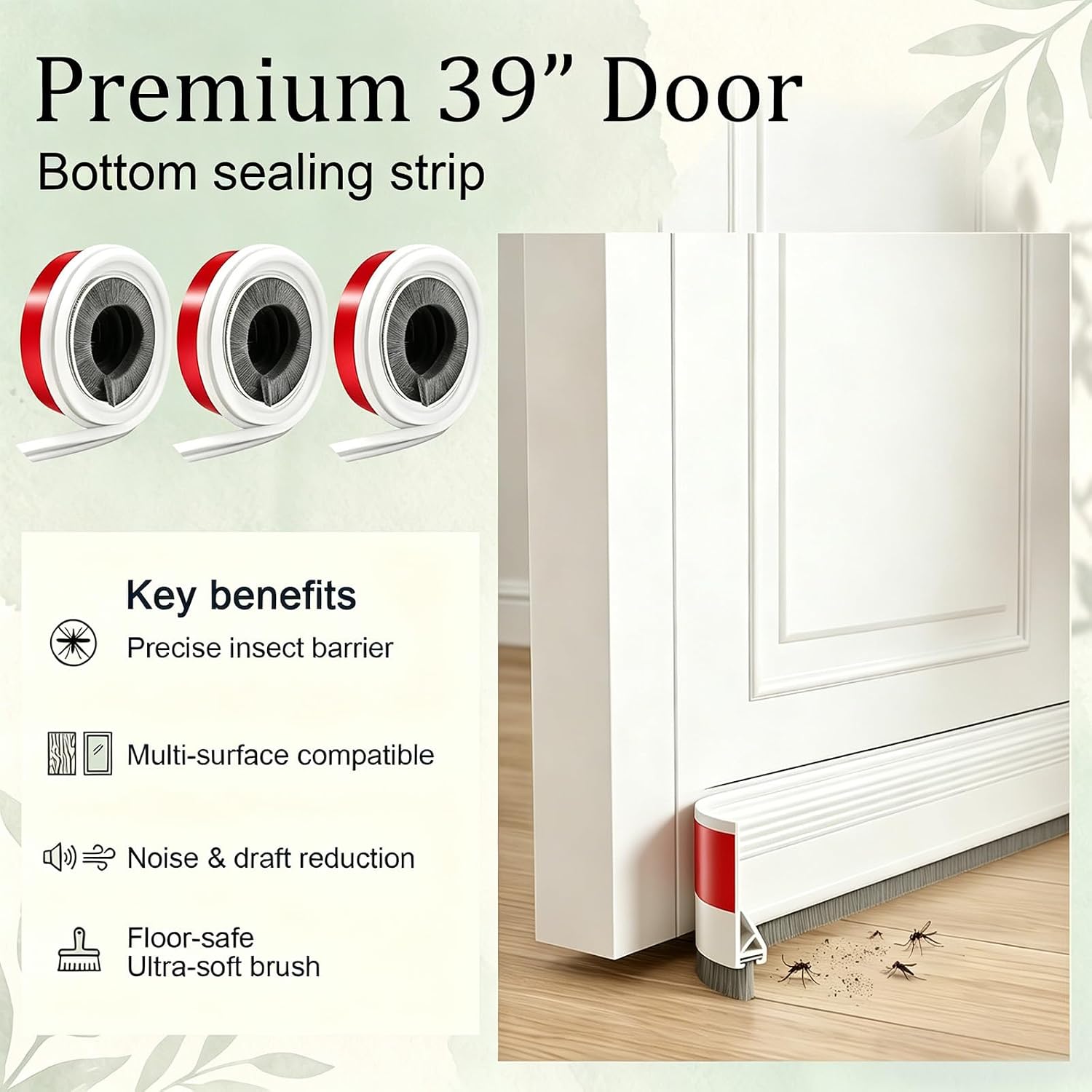 3 Pcs 39" Door Sweep with Brush, Self Adhesive Screen Doors Draft Stoppers for Bottom Seal, Under Door Draft Gap Filler for Exterior Doors