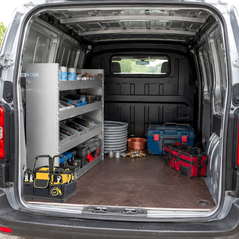 Kit scaffale furgone universale Ducato Boxer Jumper Transit Sprinter Movano – 3 vasche Magnelis anticorrosione fissaggio pavimento e parete 101x108x36 cm