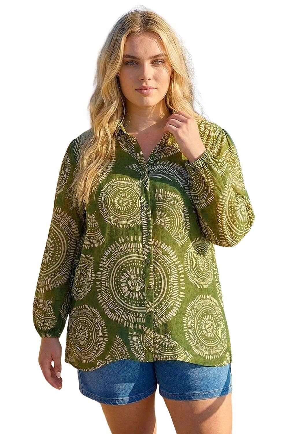 Roman Originals Women's Khaki Plus Roman Curve Shirt For Cotton Blouse Button Through Tunic Printed Top Work Long Sleeve Smart Casual Going Out Work Office V Neck Everyday Evening Event - Size 2224