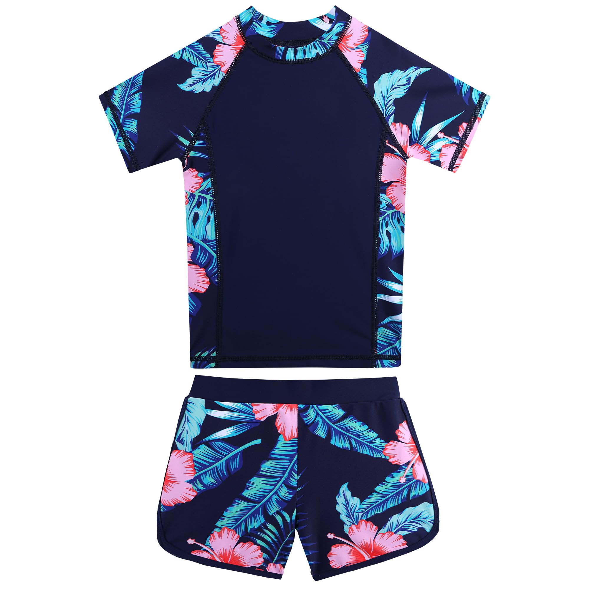 BAOHULU Girls Rash Guard Swimsuit Two Piece Bathing Suit UPF 50+ Short Sleeve Summer Beach Swimwear Size 3-14 Years