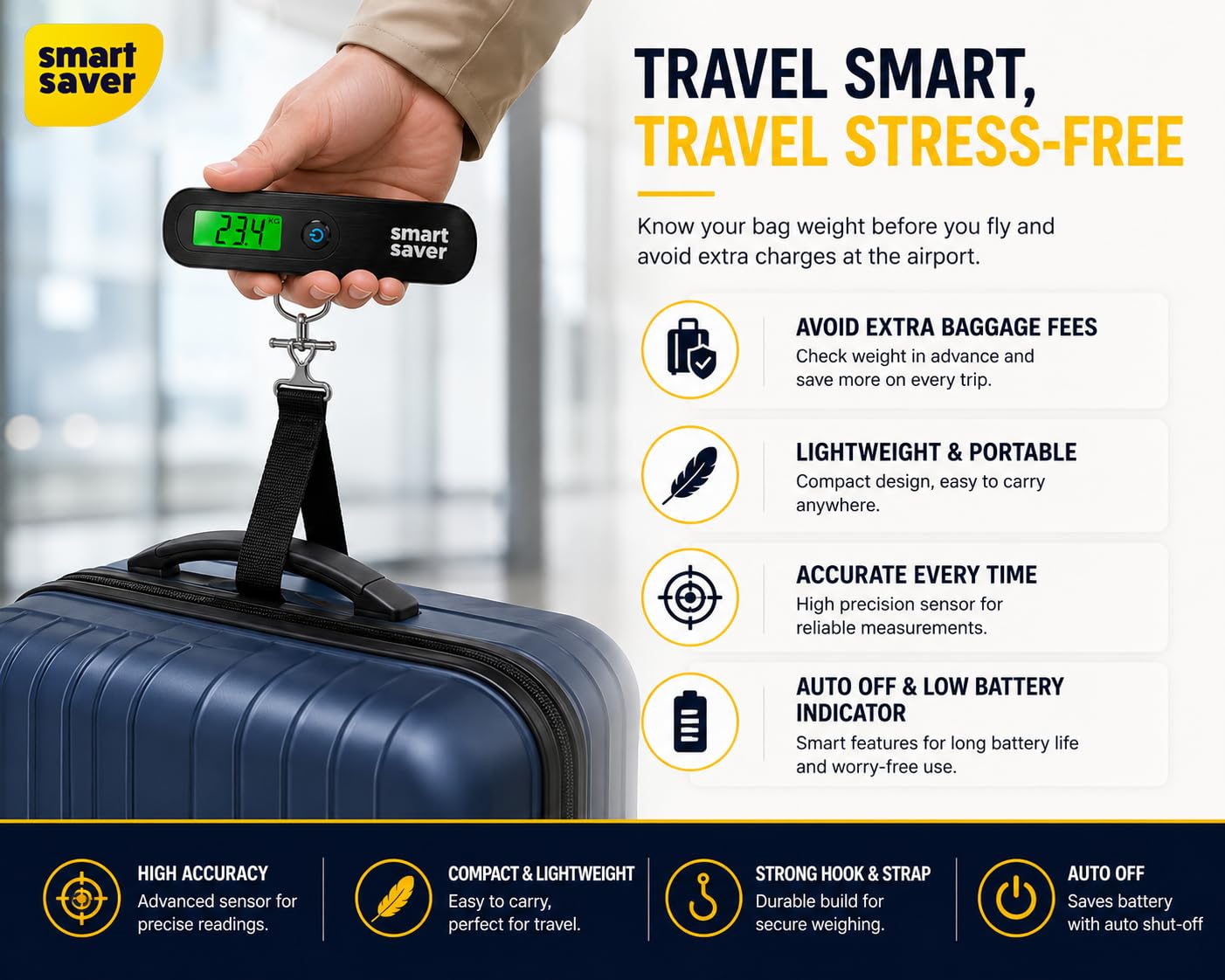 Smart Saver Weight Machine for Luggage - 50 kg capacity, Black Steel body, 1 Year replacement - Digital Portable Electronic Luggage Weighing Scale for home, travel, flights, bags (Upto 50 kg) 4