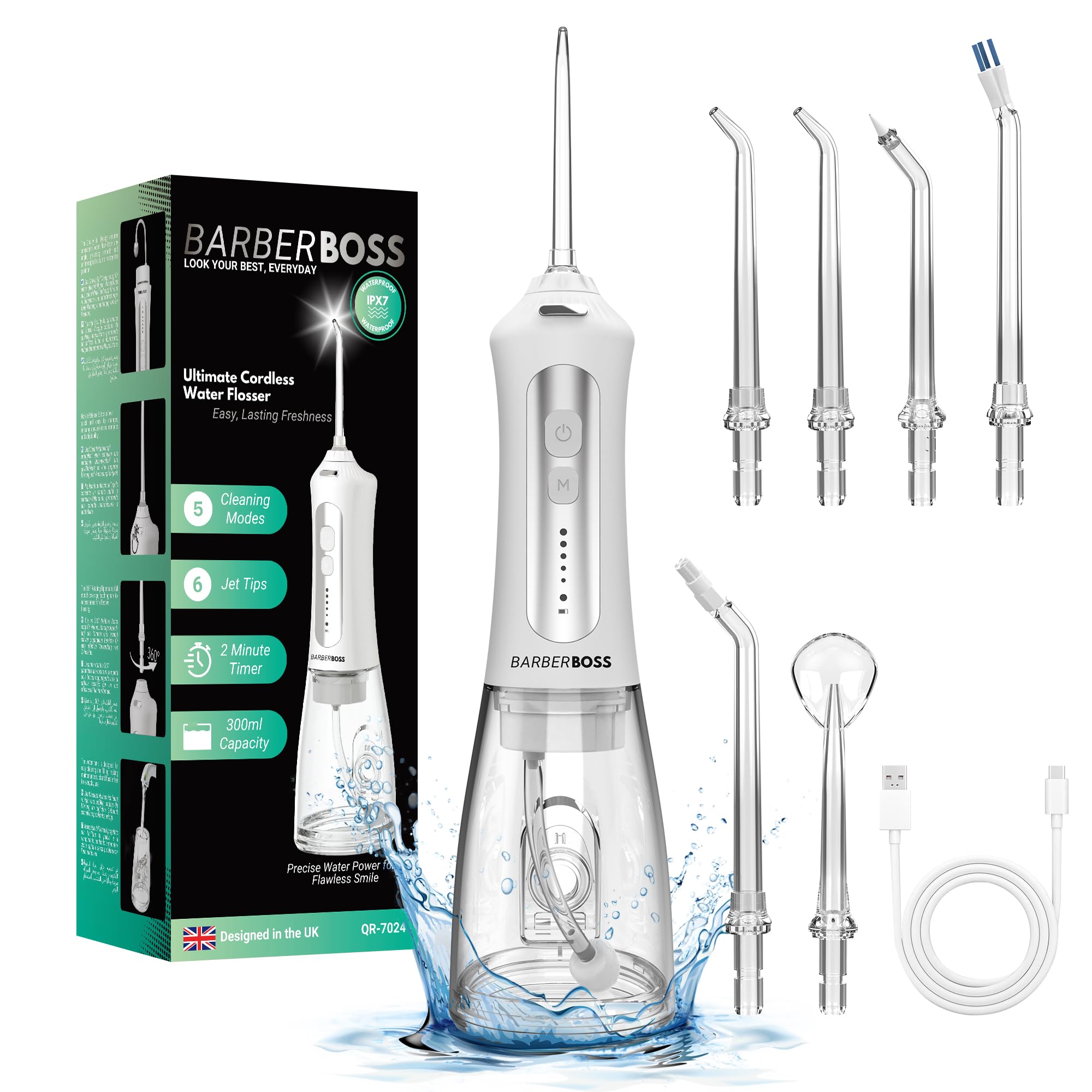 BarberBoss Water Flosser, Portable Oral Irrigator, Electric Tooth Flosser, Teeth Cleaning Kit, Cordless Water Flossers (White)