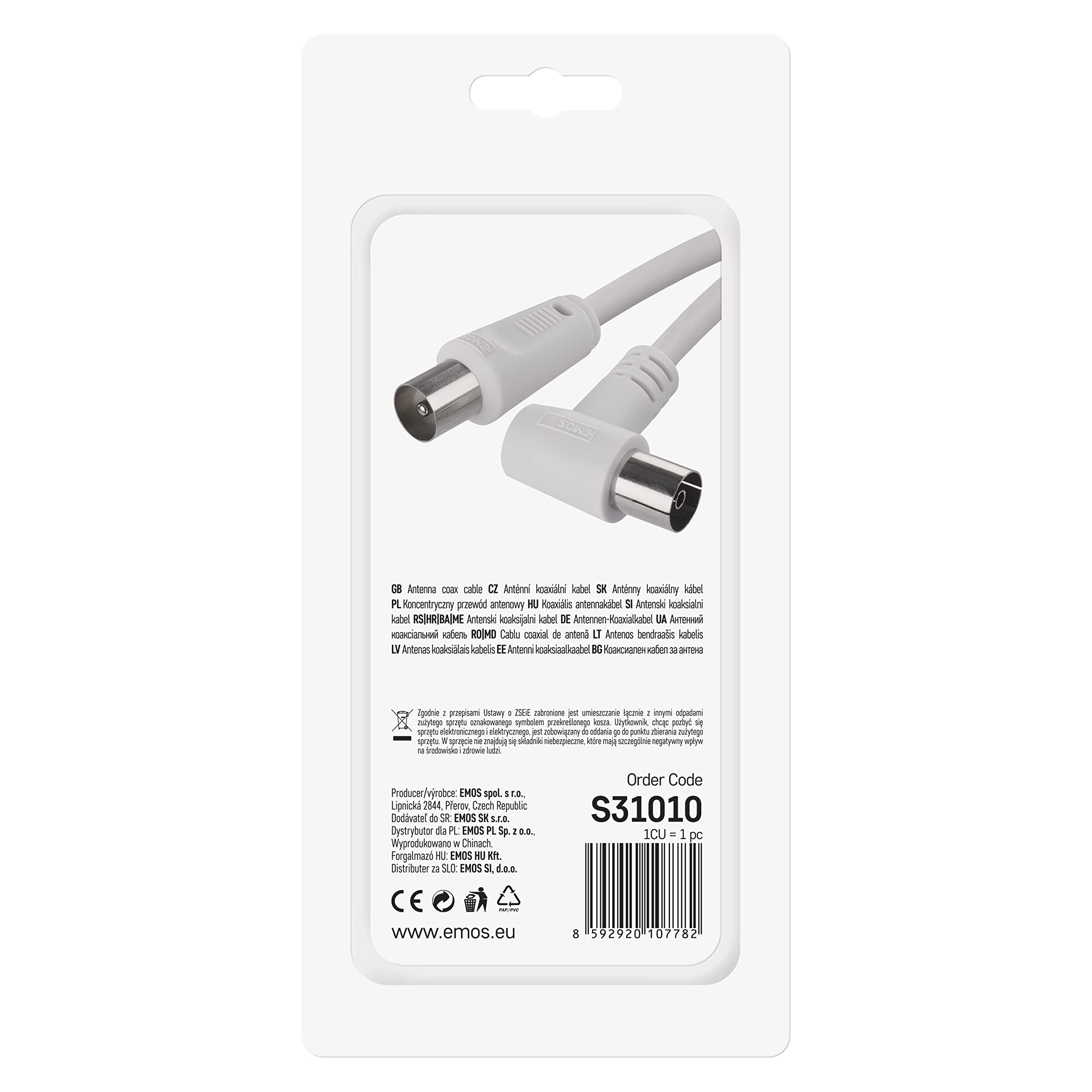 Cavo Antenna TV 10m EMOS - Coassiale Doppia Schermatura, Connettore Angolato 90°, Per Digitale - Foto 4