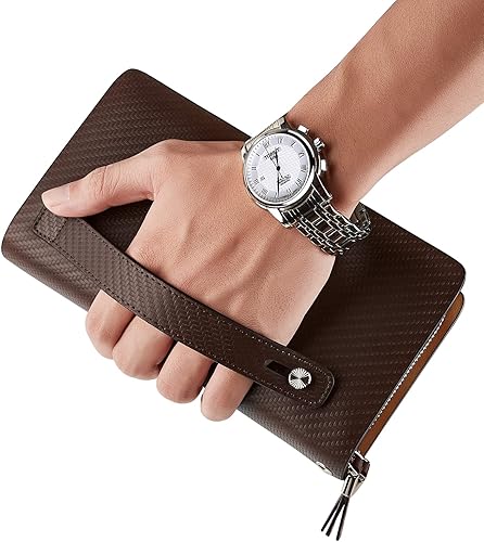 Miniatura 3 de VANNANBA Billeteras grandes de cuero con doble cremallera larga para negocios, soporte para teléfono, regalo para padre e hijo, Marrón